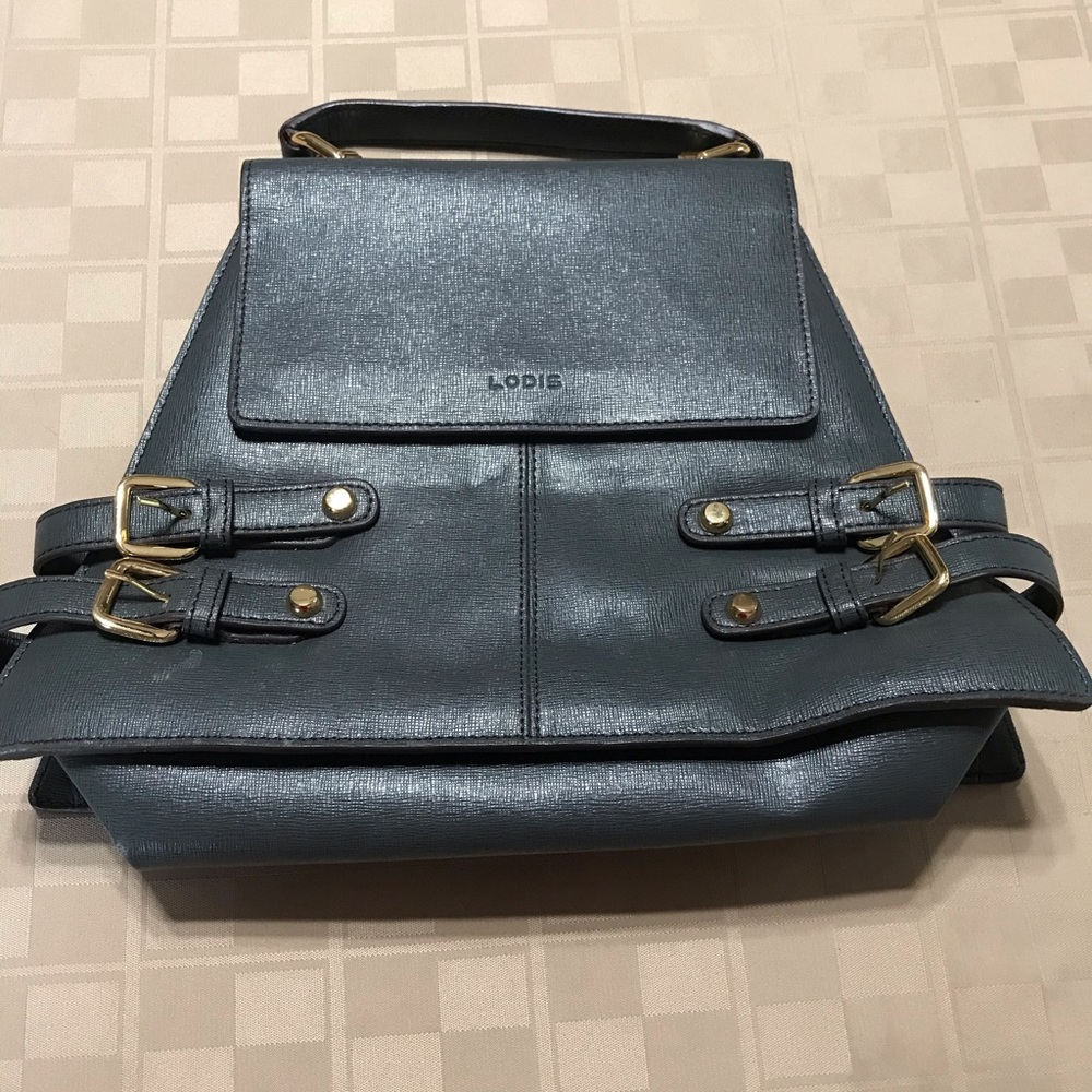 Lodis Gray Blue Smooth Leather Slim Side Women Purse 10 X 12.5”.